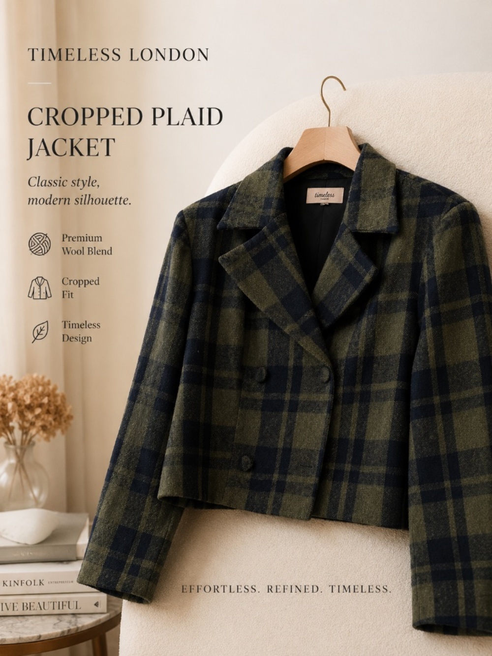 Timeless London Cropped Plaid Jacket Green & Navy Wool Blend Blazer Size L Appro